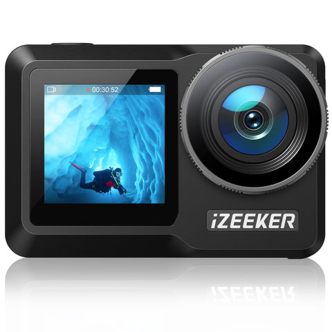 iZEEKER Action Camera 4K 24MP with Touchscreen, 40M Underwater Camera Waterproof, Dual Screen Vlog Camera with EIS3.0, WiFi, Remote Control with 2X 1350mAh Batteries,Charger and Accessory Kit-iA800