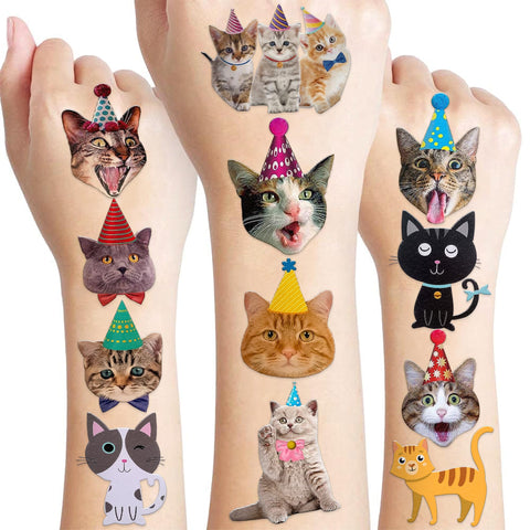 97 Pcs Funny Cat Temporary Tattoos Sticker Pet Animal Cats Themed Birthday Party Supplies Decorations Decor Favors Game Gifts Ideas Girls Boys Baby Showers Cute Fake Tattoo School Reward Home