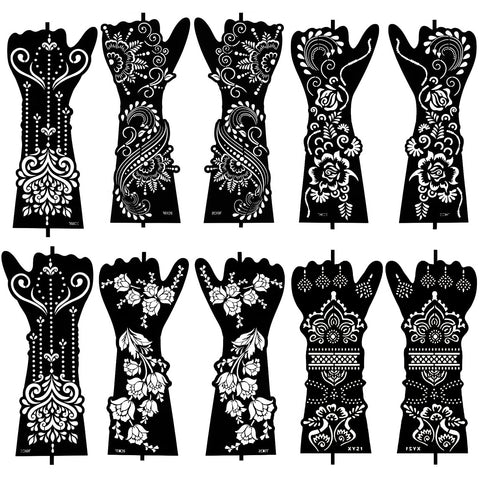 10 Sheets Temporary Tattoo Stencils - Henna Tattoo Stencil Kit, Self-Adhesive Indian Arabian Templates for Hand and Body Paint - New Designs, Temporary Tattoo Stickers