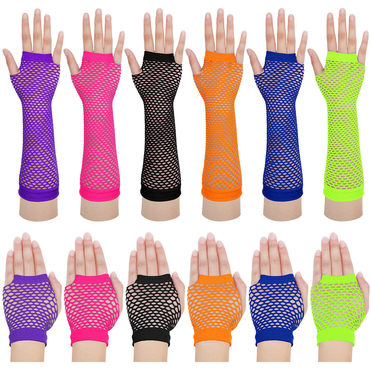 SATINIOR 12 Pairs Halloween 80s 90s Fishnet Mesh Gloves for Women Neon Fingerless Mesh Gloves Long Short Fishnet Gloves for Christmas Party Cosplay Costumes Accessories