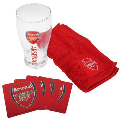 Arsenal FC Official Wordmark Mini Football Bar Set (Pint Glass, Towel & Beer Mats) (One Size) (Red)