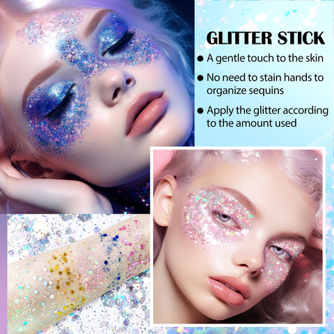 DAGEDA 2 Colors Body Glitter Stick, Face Glitter Hair Glitter Eyeshadow for Rave Accessories,Chunky Glitter Face Paint Body Shimmer,Holographic Body Glitter Gel for Glitte Makeup (White+Silver)