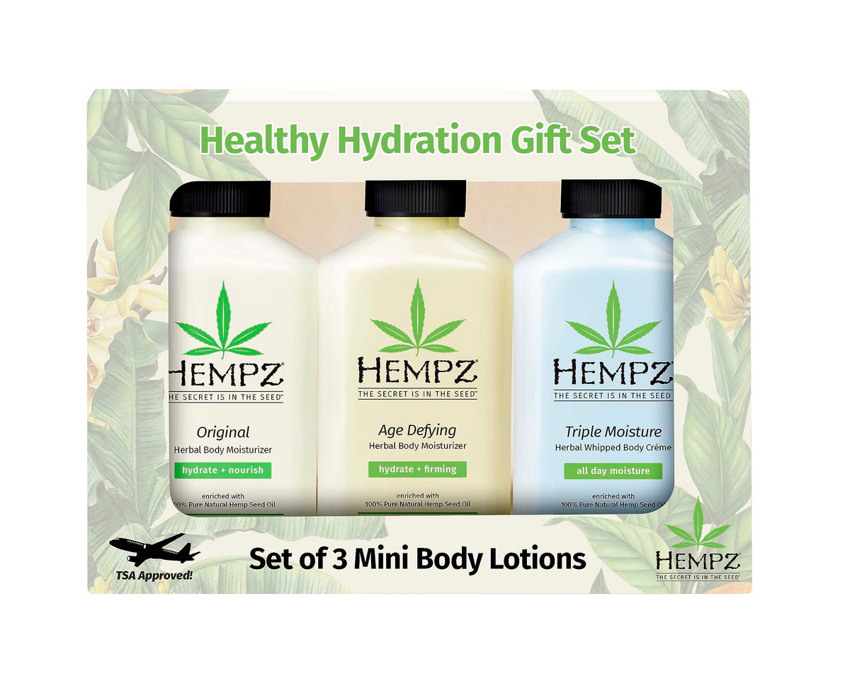 Hempz Healthy Hydration Triple Moisture, Age Defying, & Original (2.25 Oz, 3-Pack) Body Moisturizing Lotion Gift Set - Mini Scented Travel Cream Skin Care for Women & Men, Made with Shea Butter