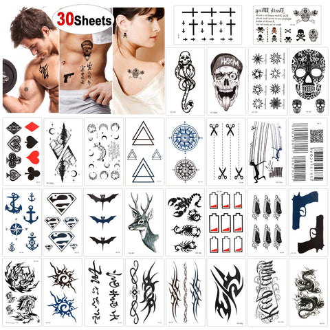 Konsait 30 Sheets Temporary Tattoos for Men Women Adult Fake Tattoo Body Art Stickers Waterproof Black Tiny Temporary Tattoo for Hand Neck Wrist Arm Shoulder Chest Back Legs, Dragon Anchor Lion Skull