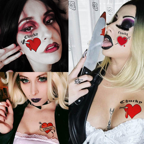 COKTAK 36 PCS Bride of Chucky Tattoo Heart For Women Men Kids Adults, Halloween Zombie Chucky Makeup Kit, Chucky Heart Temporary Tattoos Stickers Cosplay, Bride of Chucky Rave Party Accessories