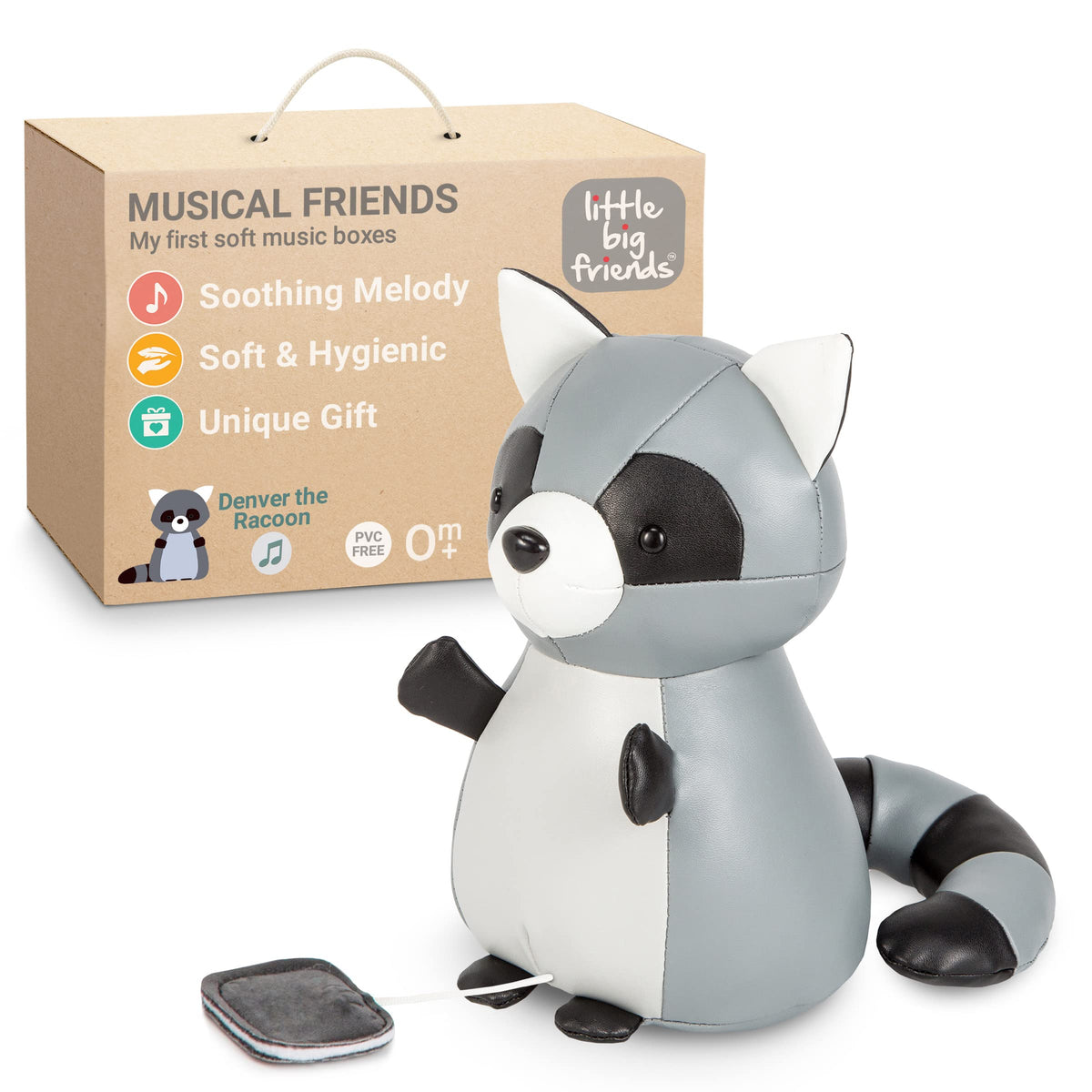 Little Big Friends Musical Friends | Pull String Cord Musical Toy for Baby | Special Stuffed Animal | Easy to Clean | Denver The Racoon