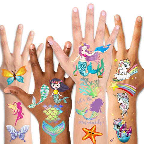 Temporary Tattoos for Kids(80pcs),Konsait Glitter Mermaid Butterfly Tattoos for Children Girls Birthday Party Favors Supplies Great Kids Party Accessories Goodie Bag Stuffers Party Fillers