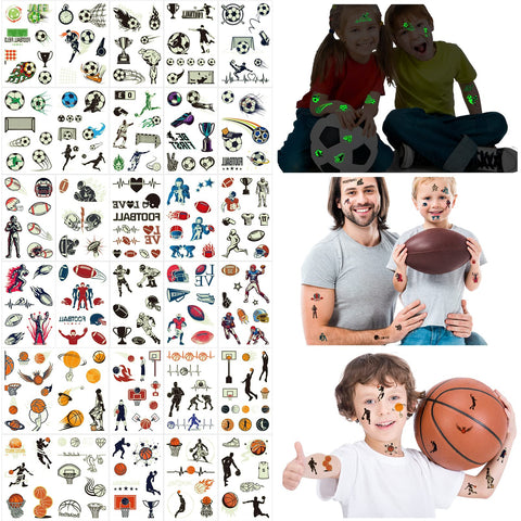 Konsait 30 Sheets Football Soccer Baseball Temporary Tattoos, Luminous Mixed Styles Fake Waterproof Tattoos Stickers, Kids Rugby Football Baseball Party Favors World Cup Gift Bag Fillers