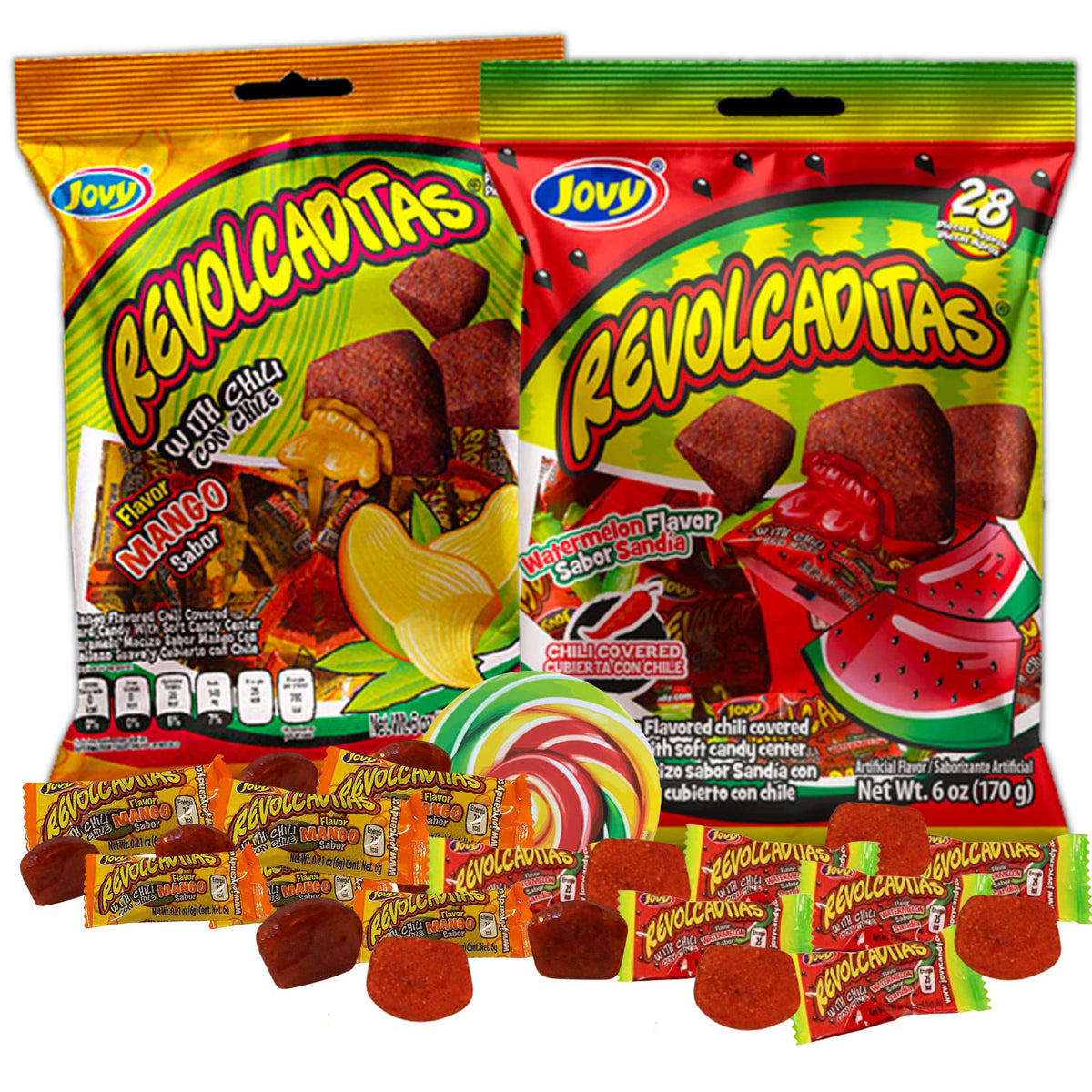 Sweet and Spicy Hard Candies Covered in Chili Powder, Watermelon and Mango Flavored Individually Wrapped Mexican Candies for Sharing, Pinatas or Goody Bag Fillers, 6 ounce Bags, Pack of 2 (Mango and Watermelon) with Sticker Accessory