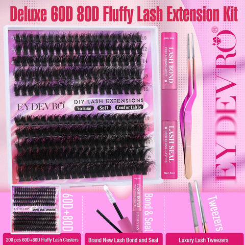 Eyelash Extension Kit Fluffy Lash Extension Kit D Curl Lash Clusters Kit Thick Volume Individual Lashes 200 Pcs DIY Lash Extension Kit with Lash Bond and Seal Lash Tweezers (60D80D,10-18mm) by EYDEVRO