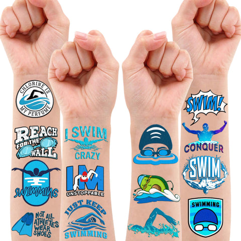 Swim Swimming Team Temporary Tattoos Stickers Summer Beach Pool Themed Birthday Party Decorations Favors Supplies Decor 100PCS Sport Tattoo Gifts For Swimmers Kids Boys Girls School Prizes Carnival