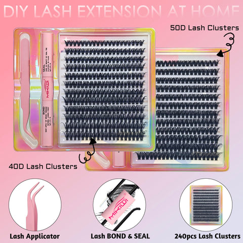 Lash Extension Kit Mikiwi 240pcs D Curl Mixed 9-16mm Individual Lash Clusters with Lash Bond and Seal and Lash Applicator Tool DIY Eyelash Extension Kit at Home(40D-0.07D-9-16MM)