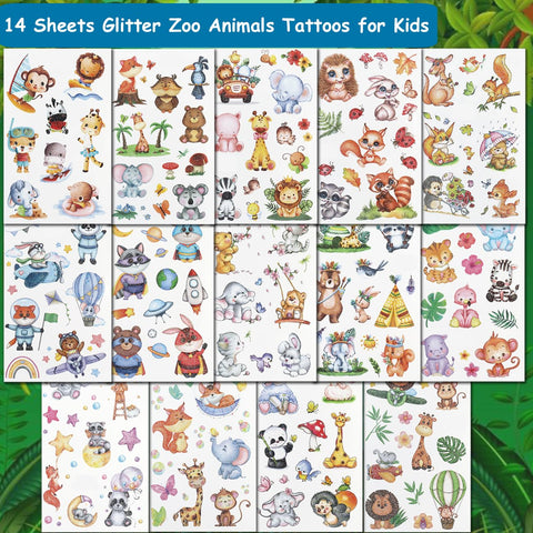 CHARLENT 140 Glitter Styles Zoo Animals Temporary Tattoos for Kids Party Supplies - 14 Sheets Glitter Jungle Animals Tattoos for Boys Girls Birthday Party Favors Goodie Bag Fillers