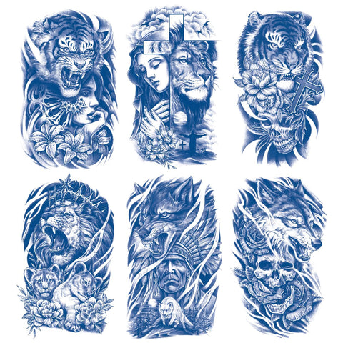 Semi Permanent Tattoo Stickers - Pack of 6, Waterproof Fake Tattoos with Tiger, Lion, Wolf, Beauty, Chief, Skull, Cross Designs, Temporary Tattoos Animal