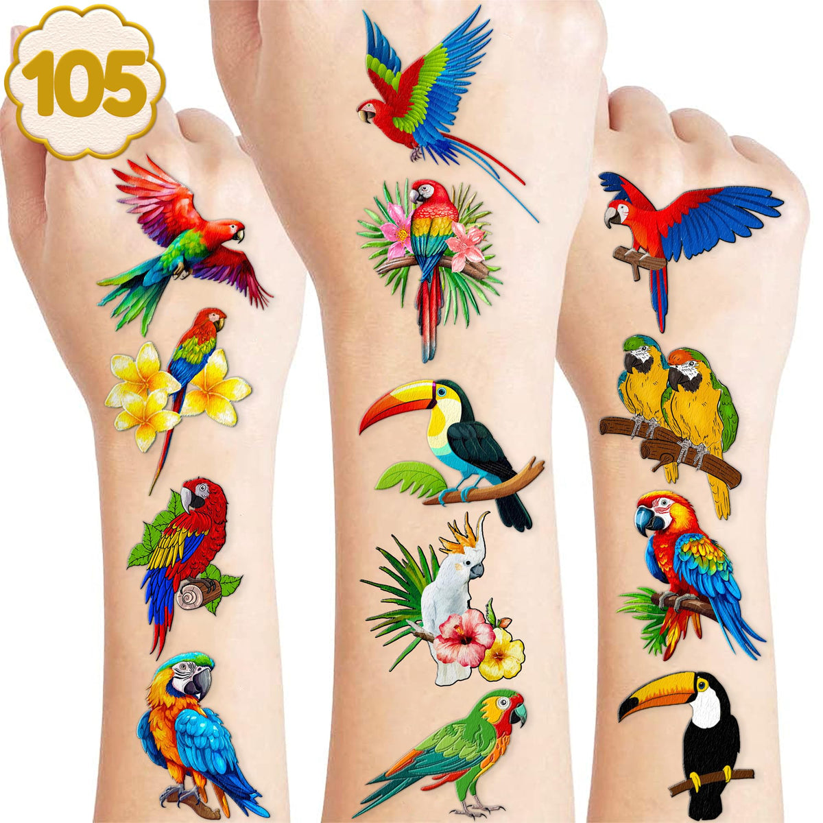 105 PCS Parrot Tropical Bird Temporary Tattoos Themed Birthday Party Decorations Supplies Favors Decor Cute Luau Hawaiian Toucan Tattoo Stickers Gifts For Boys Girls Classroom School Prizes Carnival