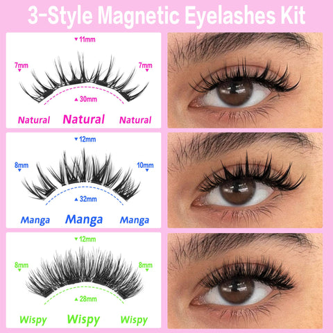 Magnetic Eyelashes, 3 pairs Magnetic Lashes with Applicator Magnetic Eyelashes Natural Look Mixed 3 Styles Wispy Eyelashes with Magnets No Glue Needed Magnetic Eyelashes Kit with Instruction