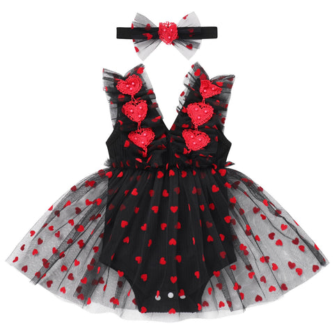 IMEKIS My First Valentines Day Baby Girl Outfit: First Birthday Outfit Girl Cake Smash Photoshoot Newborn Infant 1st Valentines Day Dress for Toddler Cupid Outfits Black + Red Heart 12-18 Months