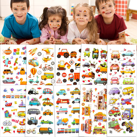 Konsait 10 Sheets Vehicles Temporary Tattoos Car Tattoos 180pcs Transportation Fake Tattoo Stickers for Kids Children Girls Boys Party Favors Supplies Kids Birthday Party Bag Filler Rewards