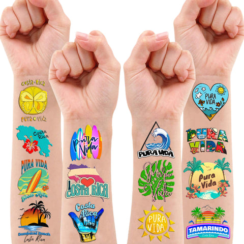 100PCS Costa Rica Pura Vida Temporary Tattoos Stickers Theme Travel Birthday Party Decorations Favors Supplies Summer Tropical Beach Tattoo Sticker Gifts For Boys Girls School Rewards Prizes Carnival