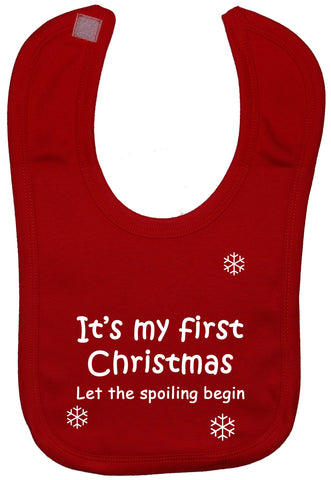 Acce Products Its My First Christmas Let The Spoiling Begin Baby Feeding Bib Touch Attached 0 to approx 3 Years - Red