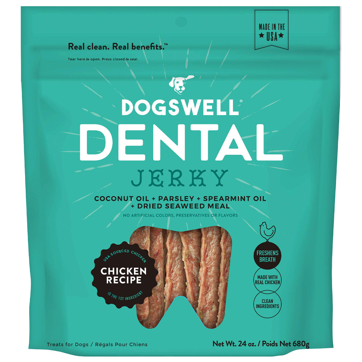 DOGSWELL Dog Dental Care Treats Made in USA Only, Grain Free Chicken Jerky Dog Treats, 24oz Bag