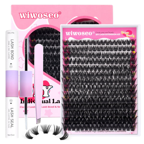 wiwoseo Cluster Lashes Extension Kit Thick Eyelash Extension Kit Individual Eyelashes Kit with Lash Bond and Seal Glue and Lash Applicator for Beginners (0.07D Volume, 100p, 9-16MM)