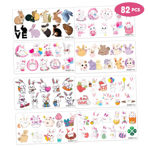 82 PCS 8 Sheet Funny Cute Bunny Temporary Tattoos Sticker Rabbit Animal Themed Birthday Party Decorations Favors Supplies Gifts Ideas for Girls Boys Baby Showers Prizes Cute Tattoo School Reward