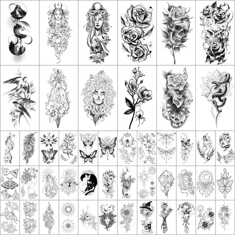 GLARYYEARS Temporary Tattoo for Women, 48-Pack Long-lasting Realistic Tattoos, 12 Large + 36 Small Fake Tattoo Sticker, Beautiful Bird Flower Designs for Girls Adults Men, Black Body Half Arm Tattoos