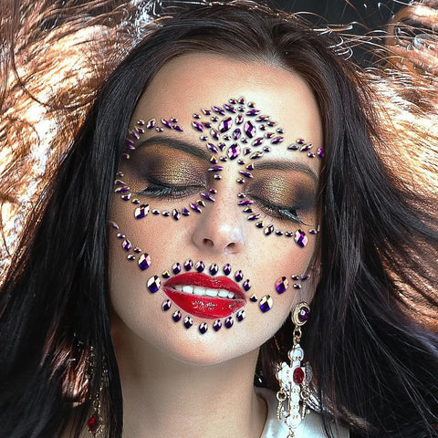 Day of the Dead Skull Face Gems Tattoo Sticker Purple Halloween Rhinestone Face Tattoo for Women Girl, Skeleton Face Stickers Face Jewels Stick on Face Rhinestone for Makeup dia de los muertos 1PCS