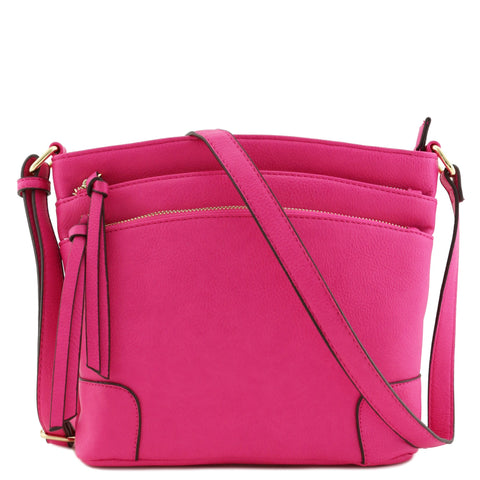 FashionPuzzle Triple Zipper Pocket Medium Crossbody Bag (Fuchsia Pink)