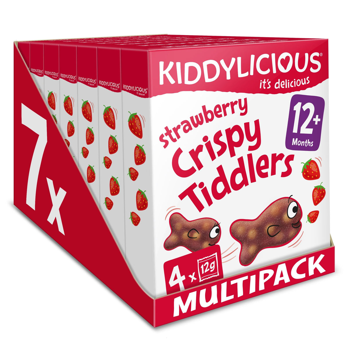 Kiddylicious Strawberry Crispy Tiddlers - Delicious Real Fruit Treat for Kids - Suitable for 12+ Months - 7 Packs of 4 (28 Total)