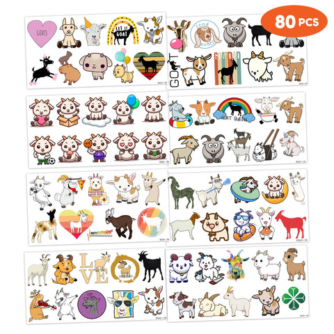 Goat Temporary Tattoos 8 Sheets 80 PCS Farm Goat Party Decorations Supplies Favors Animals Theme Birthday Cute Stickers Christmas Gifts for Boys Girls Class School Prizes Carnival