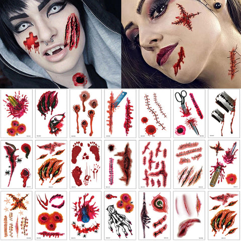 Halloween Temporary Tattoos Scary Scar for Kids Adult, 65PCS Body Prank Makeup Props Blood Stickers, Realistic Wound Fake Tattoos Decorations, Halloween Face Makeup Party Favors Cosplay Supplies