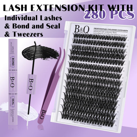 B&Q Lash Extension Kit for Beginners 280pcs Eyelash Extension Kit 50D 9-16 Mixed Lash Clusters Kit D Curl Lash Kit with Lash Bond and Seal Individual Lashes Kit DIY(50D-D-9-16MIX)