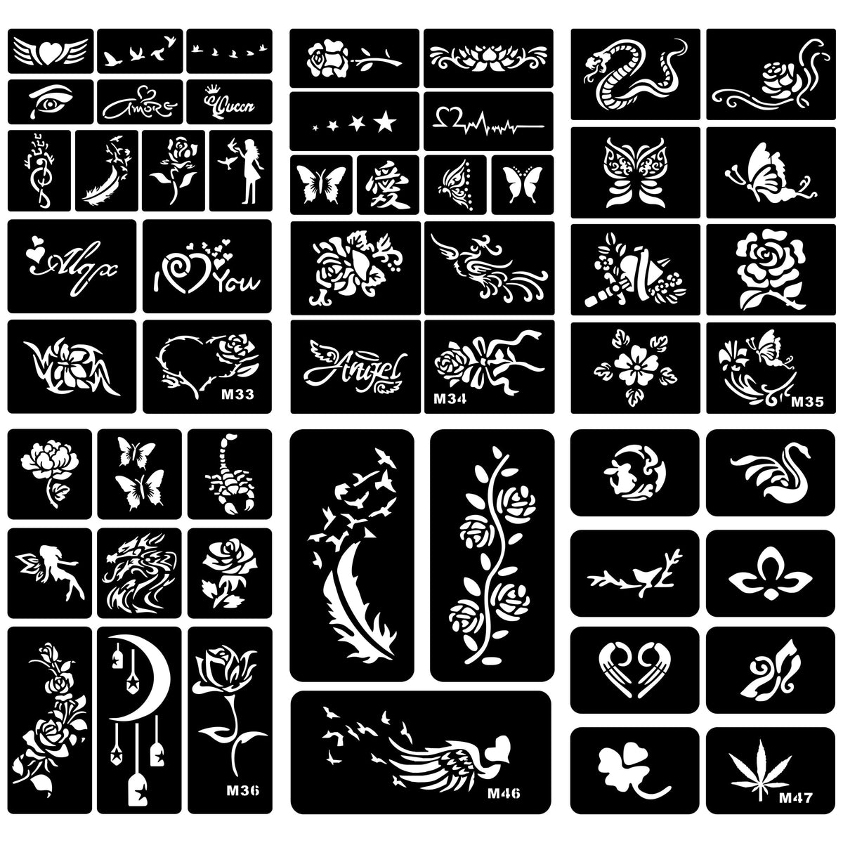 6 Sheets Temporary Tattoo Stencils Kit - Henna Stencils Set for Kids and Adults, Featuring Flowers, Snakes, Hearts, and Feather Patterns - Ideal for Birthday, Halloween, Christmas Party Favors