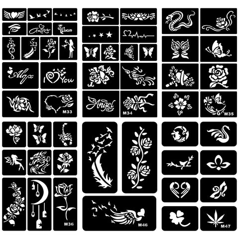 6 Sheets Temporary Tattoo Stencils Kit - Henna Stencils Set for Kids and Adults, Featuring Flowers, Snakes, Hearts, and Feather Patterns - Ideal for Birthday, Halloween, Christmas Party Favors