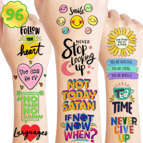 96 PCS Motivational Inspirational Quote Temporary Tattoos Stickers Birthday Party Decorations Supplies Decor Favors Cute Positive Affirmation Tattoo Sticker Gifts For Kids Boys Girls School Prizes