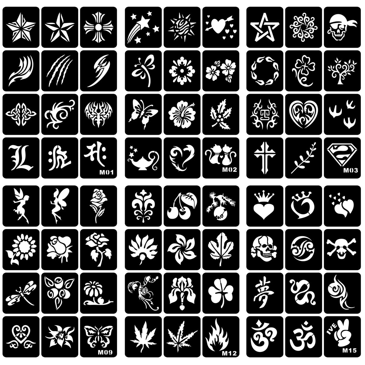 Temporary Tattoo Stencils Kit - 6 Sheets, A4 Size, Star and Floral Henna Designs for Kids and Adults - Glitter Henna Face and Body Paint Stencils