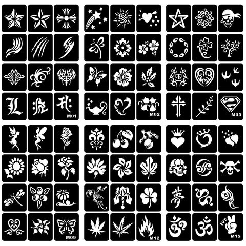 Temporary Tattoo Stencils Kit - 6 Sheets, A4 Size, Star and Floral Henna Designs for Kids and Adults - Glitter Henna Face and Body Paint Stencils