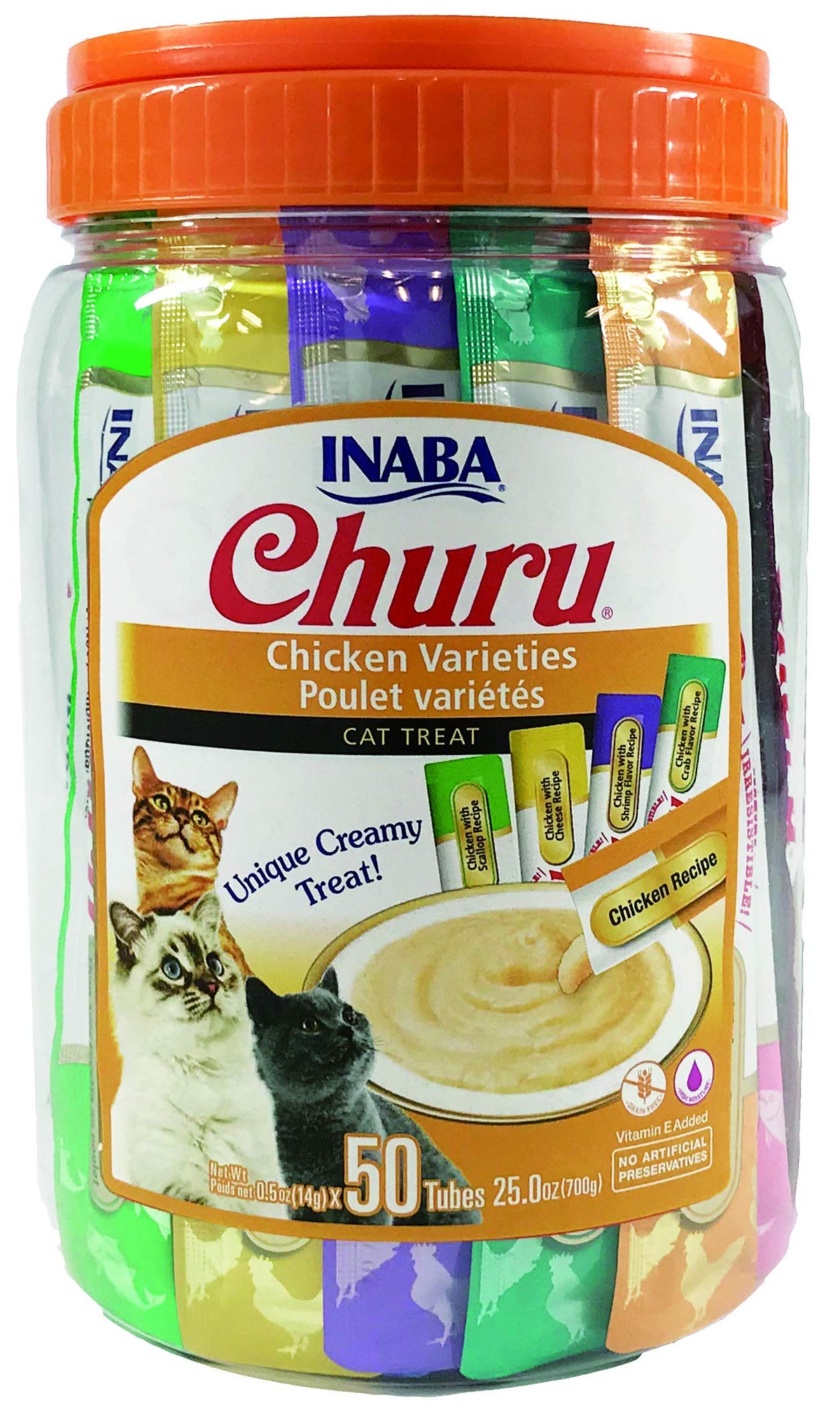 INABA Churu Cat Treats, Grain-Free, Lickable, Squeezable Creamy PurÃƒÆ’Ã†â€™Ãƒâ€ Ã¢â‚¬â„¢ÃƒÆ’Ã¢â‚¬Â ÃƒÂ¢Ã¢â€šÂ¬Ã¢â€žÂ¢ÃƒÆ’Ã†â€™ÃƒÂ¢Ã¢â€šÂ¬Ã…Â¡ÃƒÆ’Ã¢â‚¬Å¡Ãƒâ€šÃ‚Â©e Cat Treat/Topper with Vitamin E & Taurine, 0.5 Ounces Each Tube, 50 Tubes, Chicken Variety