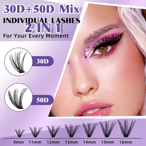 B&Q Lash Extension Kit for Beginners 280pcs Eyelash Extension Kit 30D+50D 9-16 Mixed Lash Clusters Kit D Curl Lash Kit with Lash Bond and Seal Individual Lashes Kit DIY (KIT,30D+50D-D-9-16MIX)