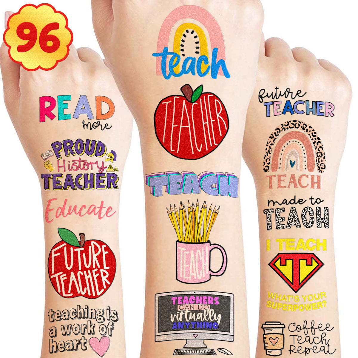 96 PCS Future Teacher Day Temporary Tattoos Stickers Themed Birthday Party Decorations Supplies Favors Decor Cute Quote Tattoo Sticker Gifts for Teachers Kids Girls Boys School Rewards Prizes Carnival