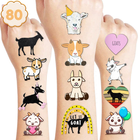 Goat Temporary Tattoos 8 Sheets 80 PCS Farm Goat Party Decorations Supplies Favors Animals Theme Birthday Cute Stickers Christmas Gifts for Boys Girls Class School Prizes Carnival