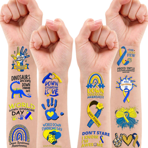 103 PCS Funny Down Syndrome Awareness Temporary Tattoos Stickers Theme Party Decorations Supplies Favors Decor Care Blue Yellow Ribbon Tattoo Sticker Gifts For Kids Boys Girls Class Prizes Carnival