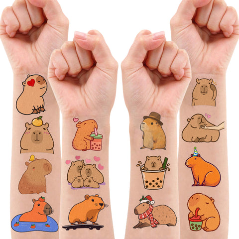 Capybara Temporary Tattoos 8 Sheets 85PCS Capybara Mouse Party Decorations Supplies Favors Animals Theme Birthday Cute Stickers Christmas Gifts for Boys Girls Class School Prizes Carnival