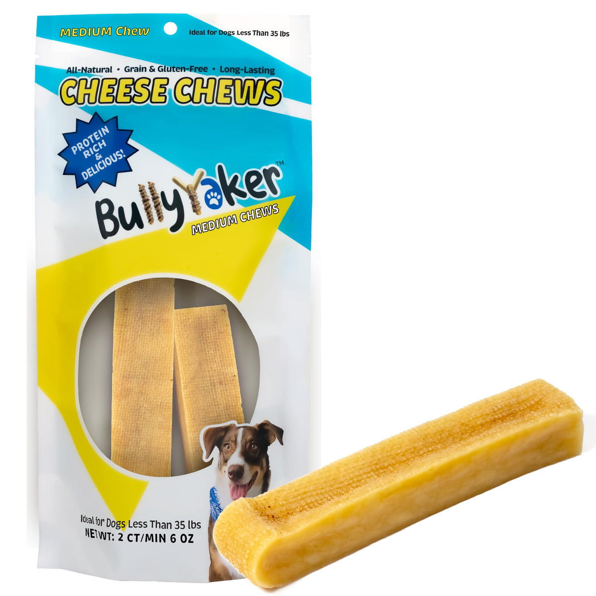 BULLYYAKER Cheese Chews: Himalayan Yak Cheese Dog Chews- Natural, Healthy & Long Lasting Dog Treats - Grain, Gluten & Lactose-Free Rawhide Alternatives, Medium 2 Pack, 6 Oz