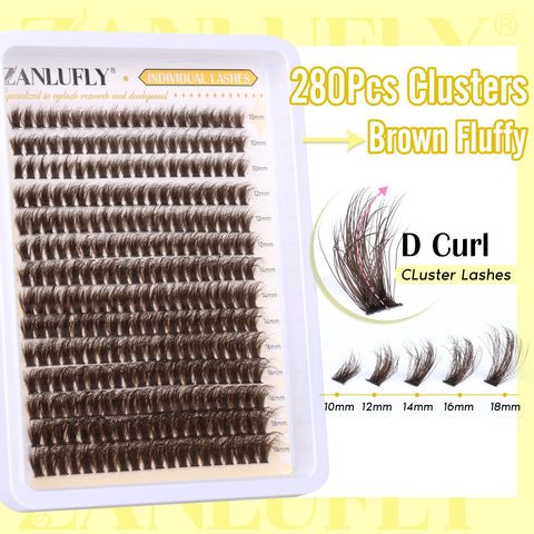 Brown Lash Clusters Fluffy Individual Lashes Natural Eyelash Clusters D Curl Thick DIY Lashes Extensions Wispy Cluster Eyealshes Extension (10-18MM)