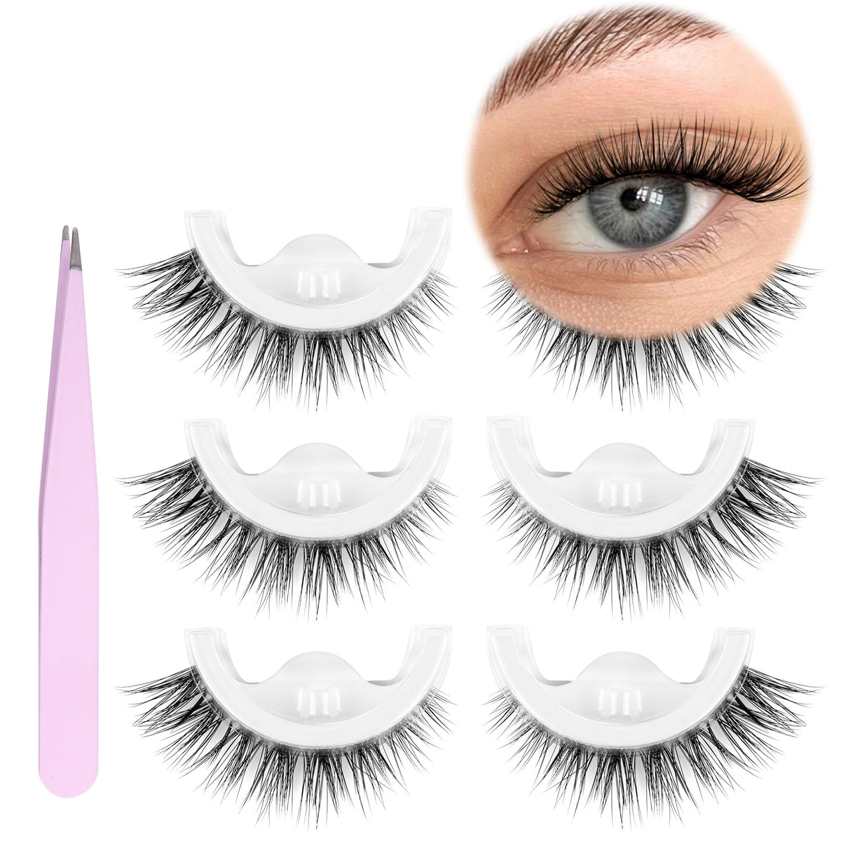 Self Adhesive Eyelashes Natural Look No Glue Needed False Lashes Reusable Self Adhesive Lashes Wispy Lashes Clear Band Eyelashes Strip Fake Eye Lashes Pack with Tweezers by GVEFETIEE