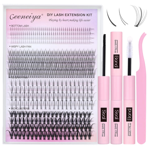 Geeneiya Lash Clusters Kit Individual Cluster Lash Extension Kit DIY Multi-type D Curl Eyelash Extension Kit with Bottom Lashes, Lash Bond and Seal Glue, Lash Applicator at Home (30D, 480PCS)