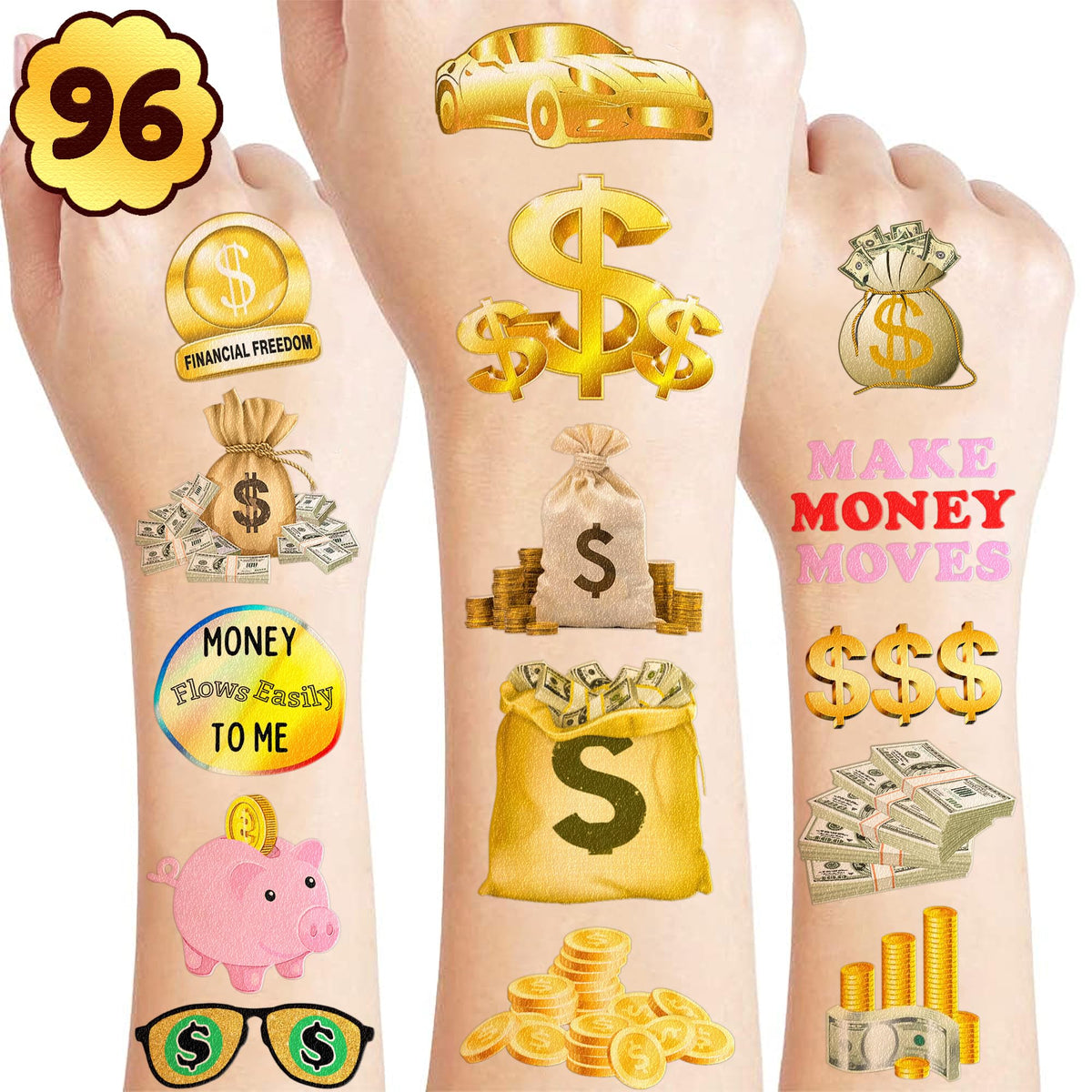 96PCS Fun Tattoo Temporary Tattoos Money Jar Symbol Stickers Theme Birthday Party Decorations Favors Decor Supplies Cute Quote Sticker Gifts for Adults Kids Girls Boys School Prizes Carnival Halloween